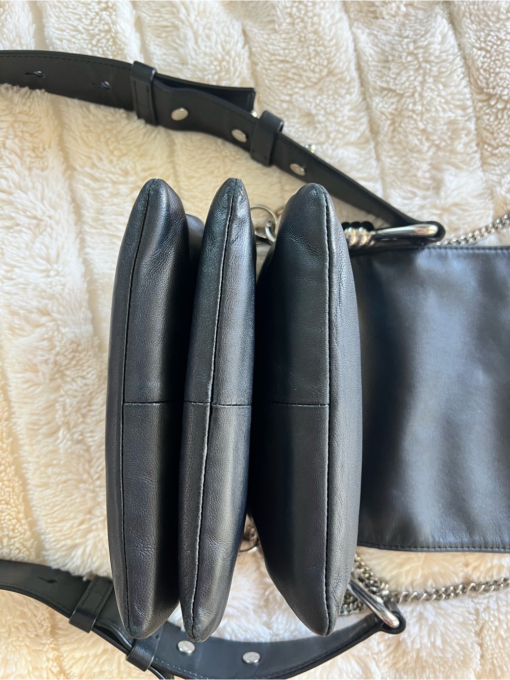 All Saints Black Leather Crossbody Clutch with Chain & Wide Strap - Picture 15 of 16